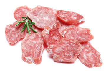 Dried sliced organic salami sausage on white background