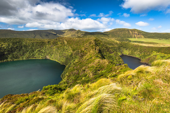 Azores landscape with lakes in Flores island. Caldeira Comprida Funda. Portugal