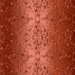 Terra cotta monochrome 3d damask seamless pattern. Vector floral shiny background wallpaper. Beautiful vintage hand drawn ornament. Surface swirls, leaves, flowers, curves, dots, frames. Ornate design