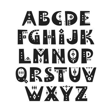 Vector display alphabet. Set of capital patterned letters in African style.