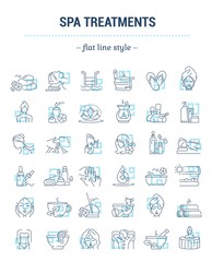 Vector graphic set. Editable stroke size. Icons in flat, contour, outline, thin and linear design. Spa treatments. Simple isolated icons. Concept illustration for Web site. Sign, symbol, element.
