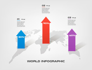 World map arrow growth infographics step by step in a series of circle. Element of chart, graph, diagram with 3 options - parts, processes, timelines. Vector business template for presentation