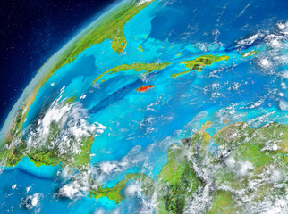 Fototapeta na wymiar Space view of Jamaica in red