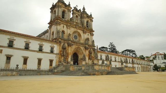 Perspective view of Roman Gothic Monastery of Alcobaca or Mosteiro de Santa Maria de Alcobaca, UNESCO Heritage, Alcobaca city.The church and abbey were the first Gothic building in Portugal.