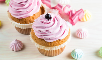 Closeup of cupcakes with vanilla, berries, pink and white cream, chocolate and sprinkles on wooden background. Selective focus. Sweet dessert tasty food concept muffin.