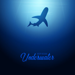 Fototapeta premium Underwater background with sun rays and silhouette of Shark. Deep Ocean banner. Color vector illustration