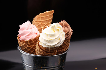 Vanilla frozen yogurt or soft ice cream in waffle cone.