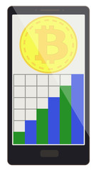 bitcoin coin with growth graph on a phone screen