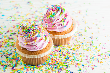 Closeup of cupcakes with vanilla, berries, pink and white cream, chocolate and sprinkles on wooden background. Selective focus. Sweet dessert tasty food concept muffin.