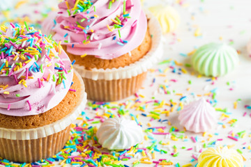 Closeup of cupcakes with vanilla, berries, pink and white cream, chocolate and sprinkles on wooden background. Selective focus. Sweet dessert tasty food concept muffin.