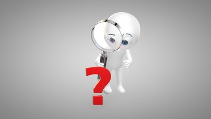3d man looking through magnifying glass on a question mark