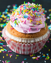Closeup of cupcakes with vanilla, berries, pink and white cream, chocolate and sprinkles on wooden background. Selective focus. Sweet dessert tasty food concept muffin.