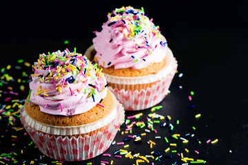 Closeup of cupcakes with vanilla, berries, pink and white cream, chocolate and sprinkles on wooden background. Selective focus. Sweet dessert tasty food concept muffin.