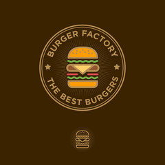 Burger factory logo. Hamburger restaurant emblem. Colored Linear flat logo. Big burger and letters on a dark background.