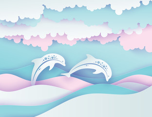 Paper sea waves and couple of dolphins. Paper cut deep style vector. Marine wildlife. Origami style with wavy lines, bubbles, fluffy clouds in pastel colors