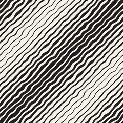 Vector seamless black and white hand drawn diagonal wavy lines pattern. Abstract freehand background design