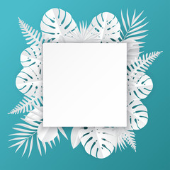 Tropical paper palm, monstera leaves frame. Summer tropical leaf. Origami exotic hawaiian jungle, summertime background. Paper cut style. White color