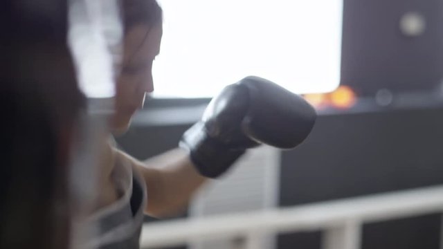 Medium shot of assertive young woman with braids working out at the gym and training with punching bag