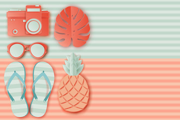 Summer background in pastel colors. Paper cut  sunglasses, retro photo camers, pineapple, slippers, palm leaf, striped beach towel. Summer vacation concept