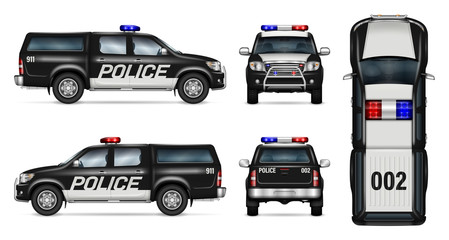 Police car vector mock-up. Isolated template of black pickup truck on white background. Side, front, back, top view. All elements in the groups on separate layers. Easy to edit and recolor.