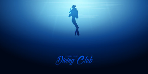Underwater background with sun rays and silhouette of diver. Deep Ocean banner. Color vector illustration
