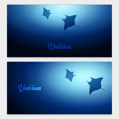Obraz premium Underwater background with sun rays and silhouette of stingray or manta ray. Deep Ocean banner. Color vector illustration