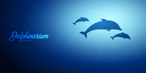 Underwater background with sun rays and silhouette of dolphin. Deep Ocean banner. Color vector illustration