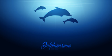 Underwater background with sun rays and silhouette of dolphin. Deep Ocean banner. Color vector illustration
