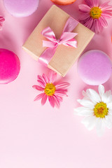 Plakat Photo of cake macarons, gift box, tea, coffee, cappuccino and flowers. Sweet romantic food macaroon concept. Morning breakfast and presents. Valentine's day concept.