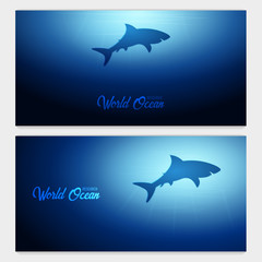Underwater background with sun rays and silhouette of Shark. Deep Ocean banner. Color vector illustration