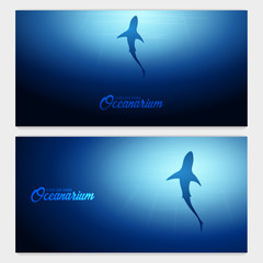 Underwater background with sun rays and silhouette of Shark. Deep Ocean banner. Color vector illustration