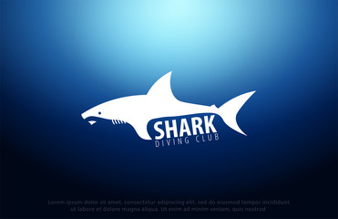 Shark logo with Underwater background with sun rays. Deep Ocean. Color vector illustration