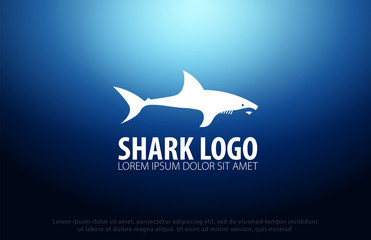 Shark logo with Underwater background with sun rays. Deep Ocean. Color vector illustration