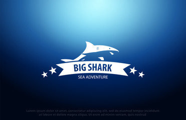 Shark logo with Underwater background with sun rays. Deep Ocean. Color vector illustration