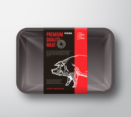 Premium Quality Pork Meat Package and Label Stripe. Abstract Vector Food Plastic Tray Container with Cellophane Cover. Packaging Design Layout. Modern Typography and Hand Drawn Pig Silhouette