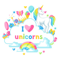 Print or card with unicorn and fantasy items