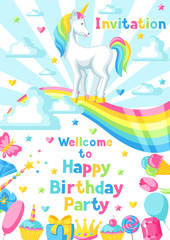 Fototapeta na wymiar Happy birthday party invitation with unicorn and fantasy items