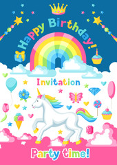 Happy birthday party invitation with unicorn and fantasy items