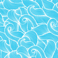 Wavy curled seamless pattern. Abstract outline blue texture