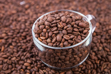 Cup of coffee on the coffee beans background