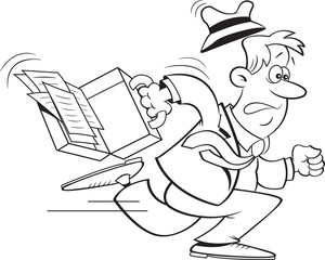 Black and white illustration of a stressed businessman running with a briefcase.