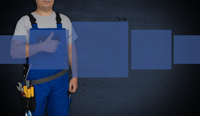 Box Konzept und Handwerker mit Daumen hoch