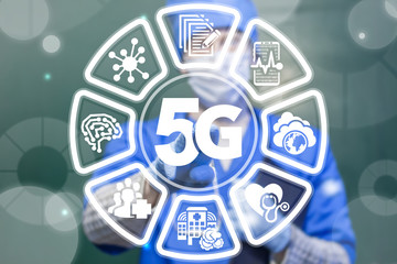 5G Medical Innovative Connection Information Technology. Physician touched 5g icon on virtual interface. Hospital 5th Generation Wireless Internet Network Communication.