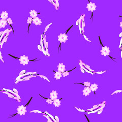 Obraz na płótnie Canvas Fish carp koi and sakura flowers on a bright violet background. Seamless background in Japanese style.