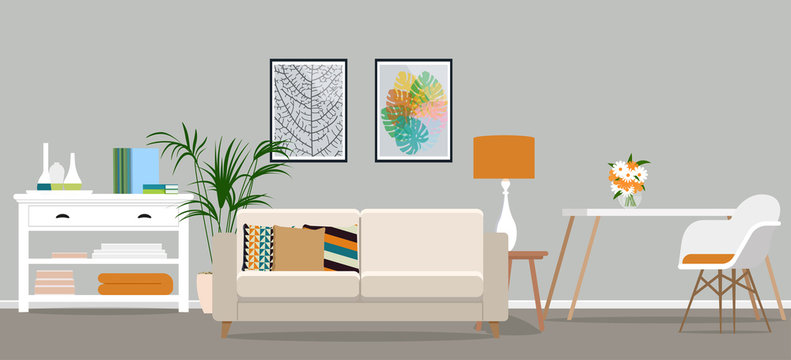 The design of the living room with fashionable furniture. Vector illustration of a flat style.