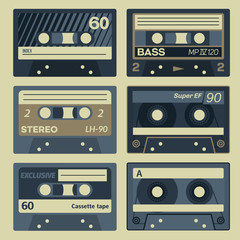 Vintage cassette set. Retro audio cassettes in colour.