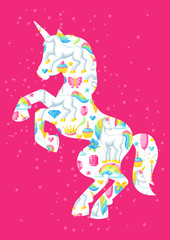 Fototapeta premium Silhouette of unicorn with fantasy items and objects