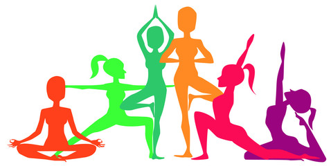 Colorful yoga positions asanas, fitness concept. Vector illustration