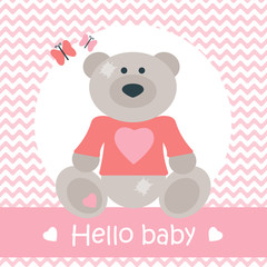 Helllo baby card with bear on pink background with waves