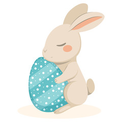 Cute little bunny holding big decorated egg with blue stripes and white dots